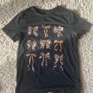 SHEIN Black T-Shirt with Leopard and Tan Bow Designs